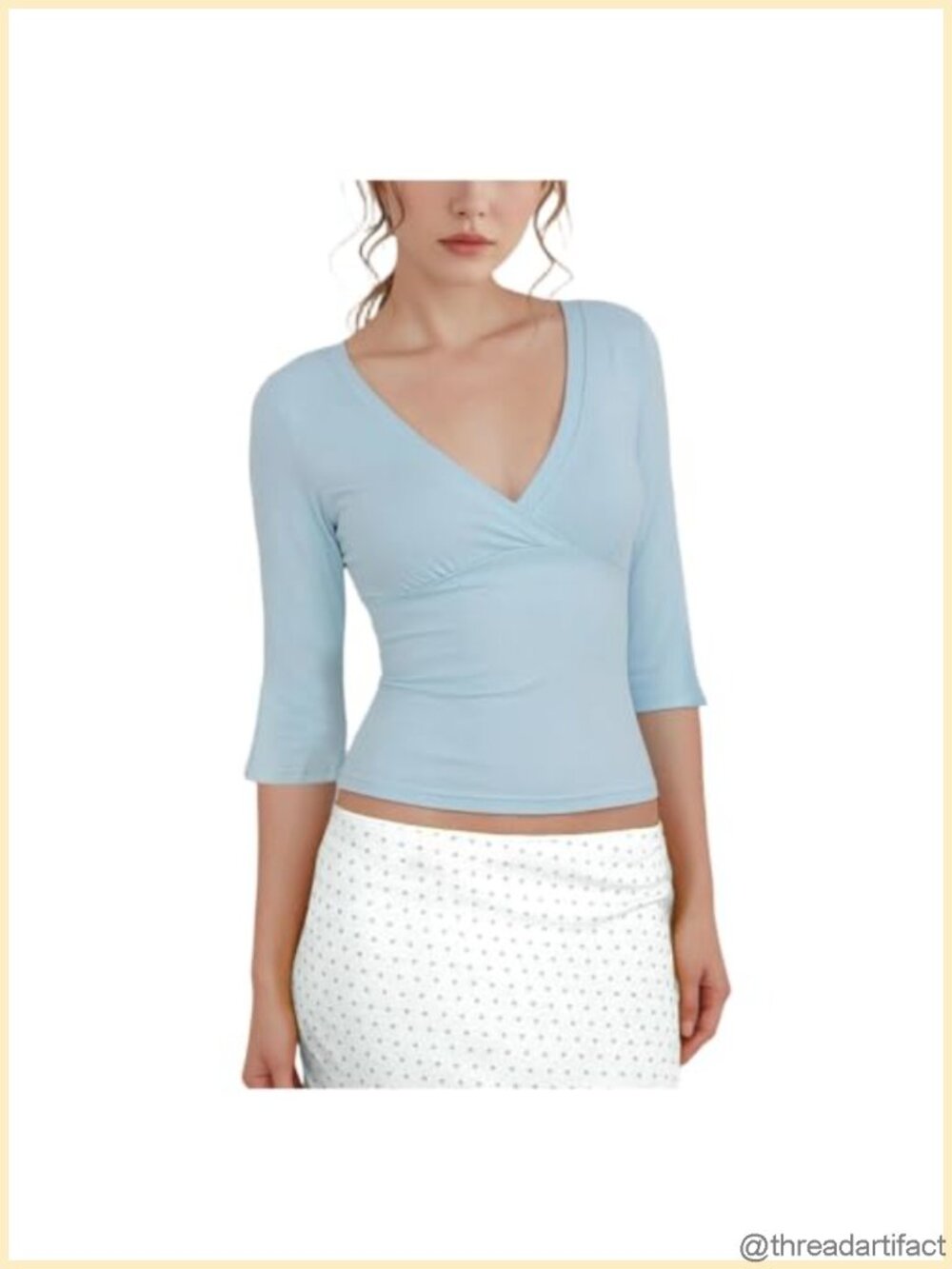 V Neck 3/4 Sleeve Slim Fit Surplice Wrap Backless Top